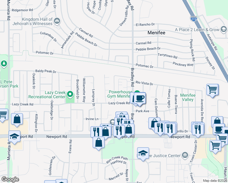 map of restaurants, bars, coffee shops, grocery stores, and more near Boynton Lane in Menifee