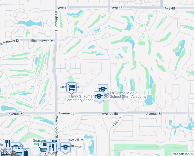 map of restaurants, bars, coffee shops, grocery stores, and more near 78885 Vía Ventana in La Quinta