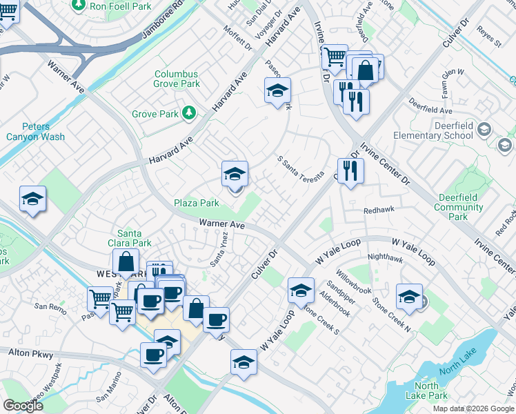 map of restaurants, bars, coffee shops, grocery stores, and more near 27 Del Carlo in Irvine