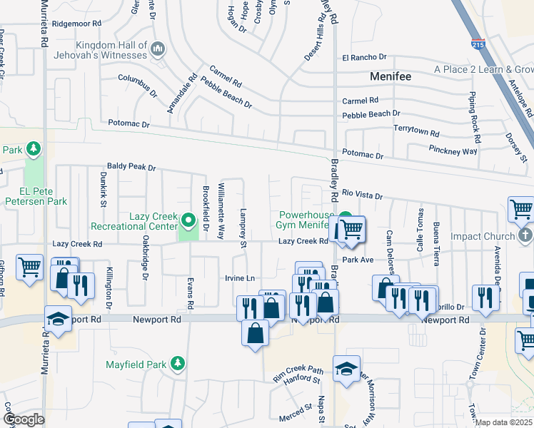 map of restaurants, bars, coffee shops, grocery stores, and more near Boynton Lane in Menifee