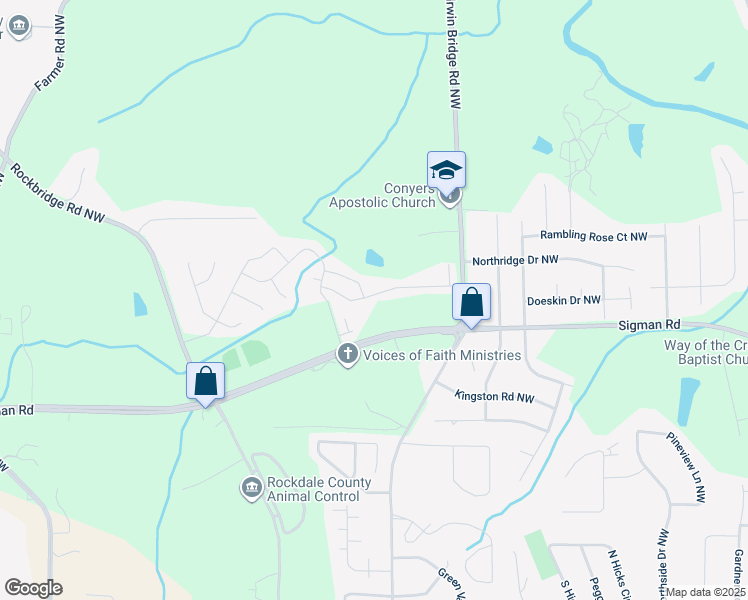 map of restaurants, bars, coffee shops, grocery stores, and more near 1853 Millstream Hollow in Conyers