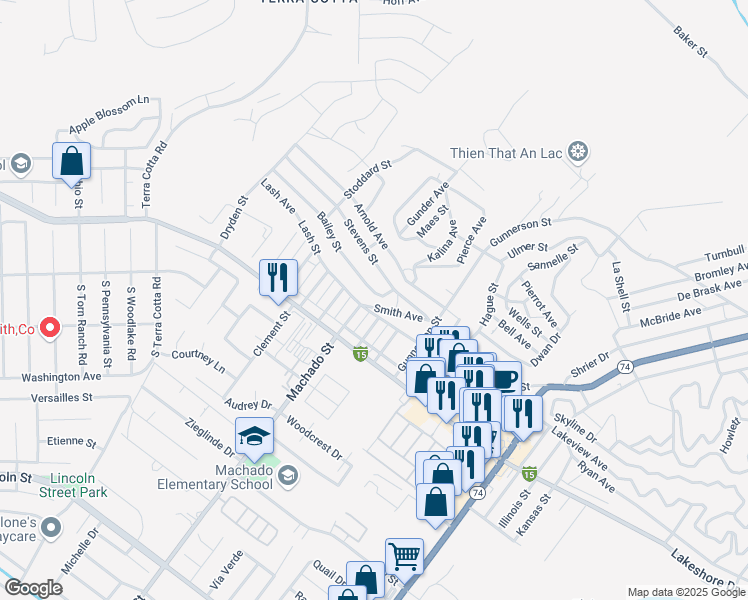 map of restaurants, bars, coffee shops, grocery stores, and more near Smith Avenue in Lake Elsinore