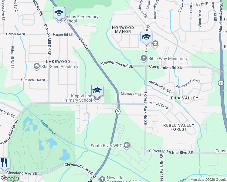 map of restaurants, bars, coffee shops, grocery stores, and more near 2401 Jonesboro Road Southeast in Atlanta