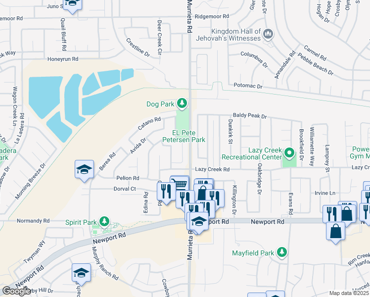 map of restaurants, bars, coffee shops, grocery stores, and more near 29640 Jura Court in Menifee