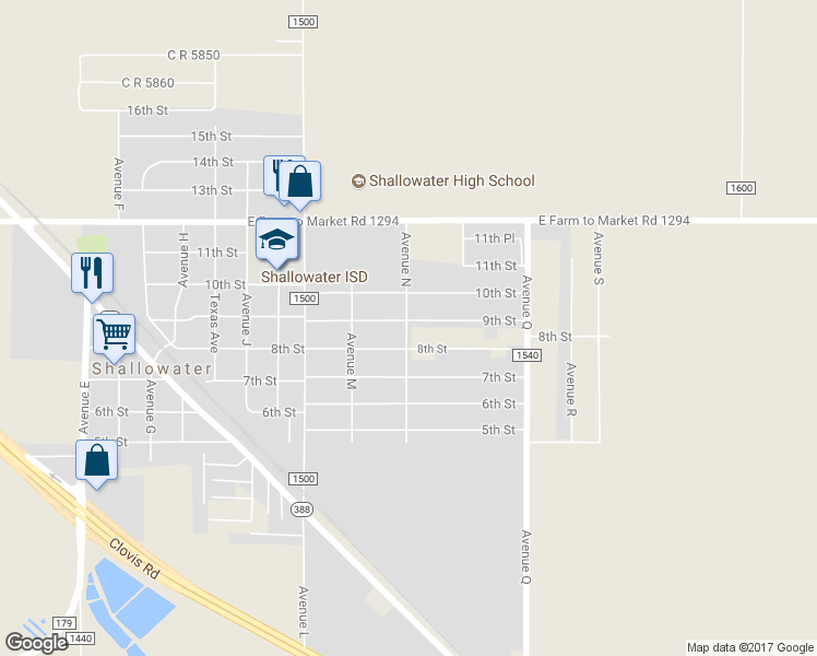 map of restaurants, bars, coffee shops, grocery stores, and more near 1402 Avenue North in Shallowater