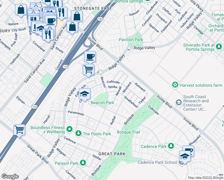 map of restaurants, bars, coffee shops, grocery stores, and more near 137 Smallwheel in Irvine