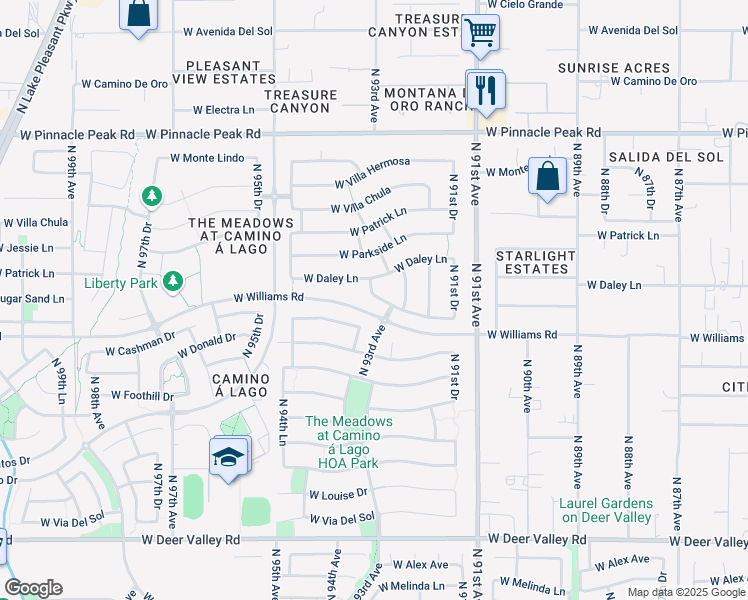 map of restaurants, bars, coffee shops, grocery stores, and more near 9315 West Country Club Trail in Peoria