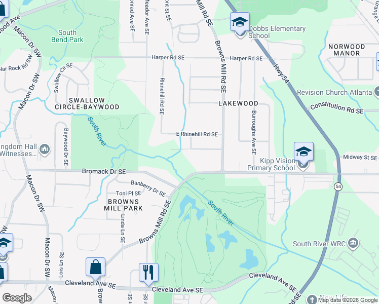 map of restaurants, bars, coffee shops, grocery stores, and more near 387 Sargent Drive Southeast in Atlanta