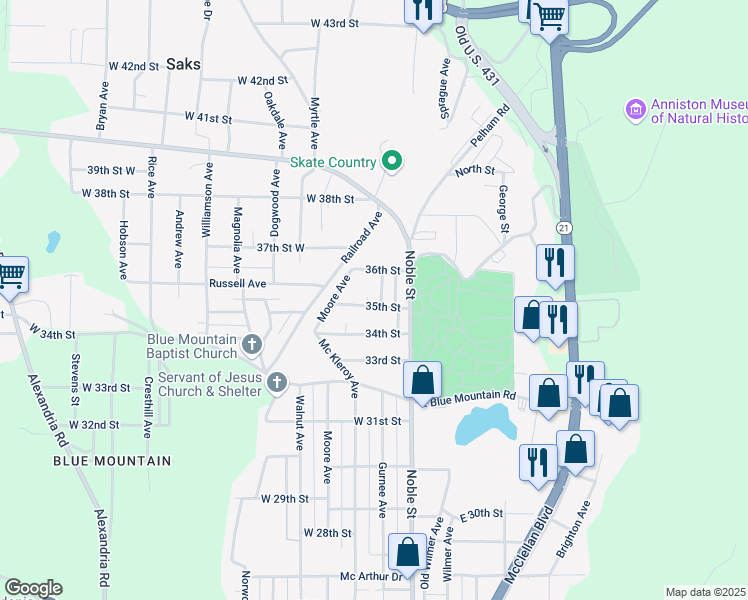 map of restaurants, bars, coffee shops, grocery stores, and more near 3500 Gurnee Avenue in Anniston
