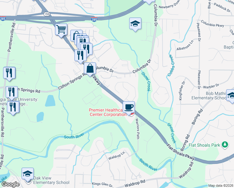 map of restaurants, bars, coffee shops, grocery stores, and more near 3098 Cedar Crest Way in Decatur
