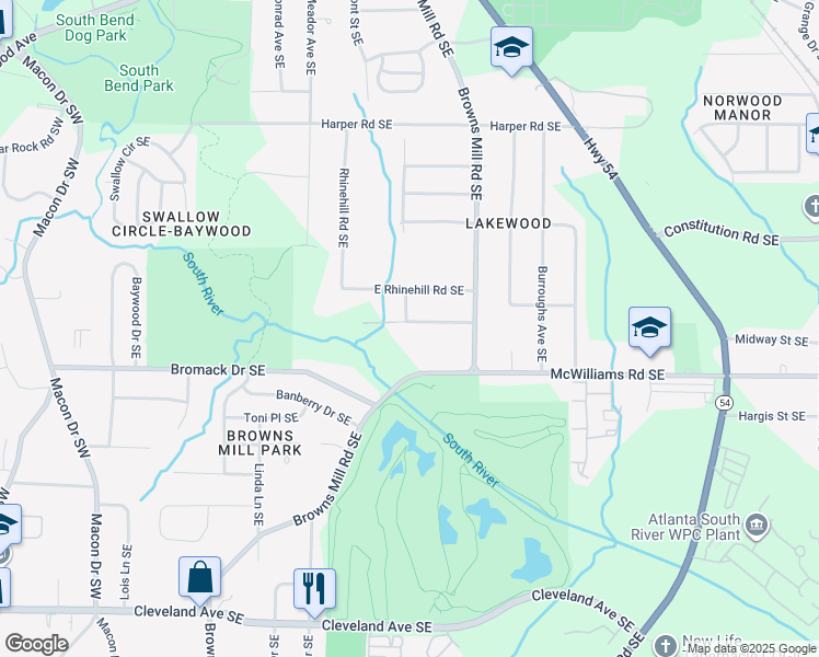 map of restaurants, bars, coffee shops, grocery stores, and more near 387 Sargent Drive Southeast in Atlanta