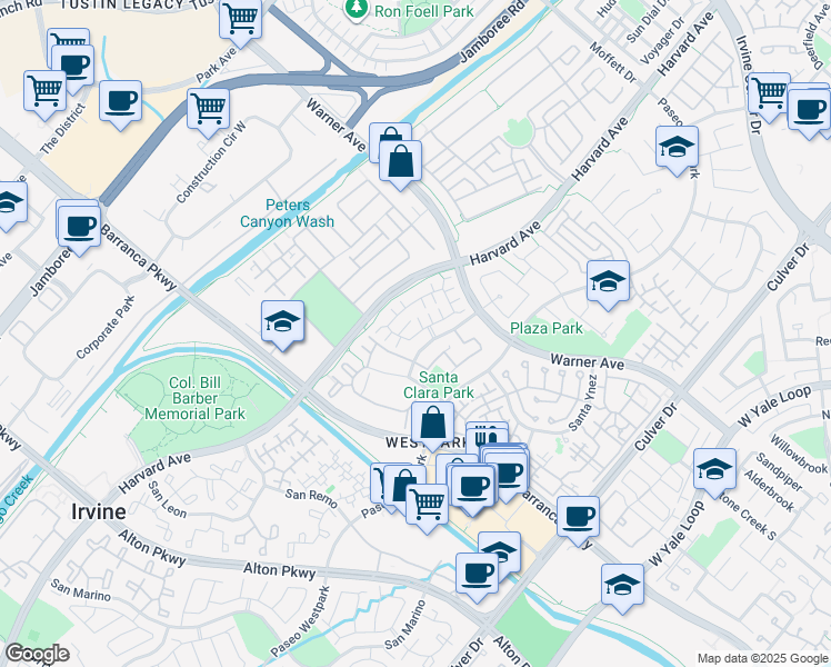 map of restaurants, bars, coffee shops, grocery stores, and more near 1 La Ronda in Irvine