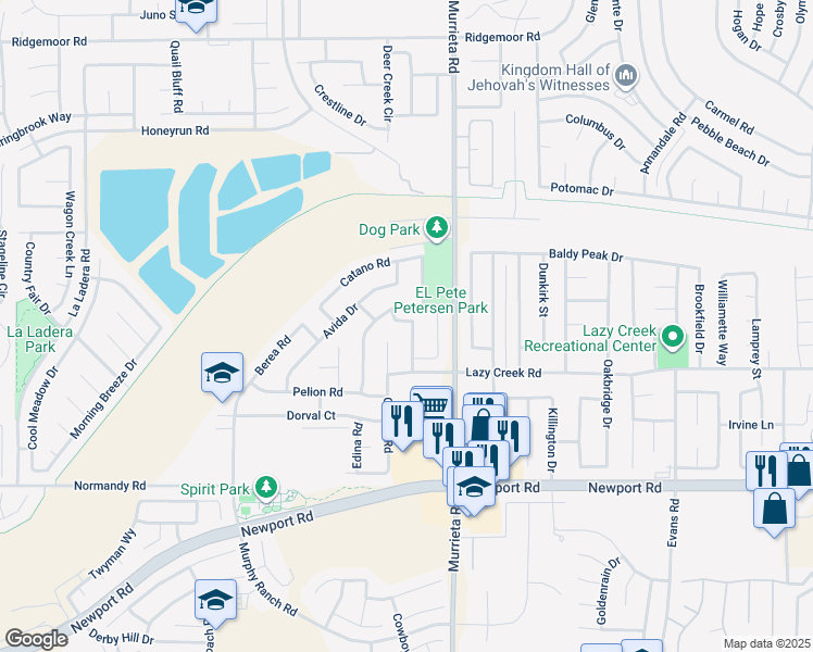 map of restaurants, bars, coffee shops, grocery stores, and more near 29691 Melitta Road in Menifee