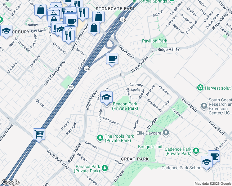 map of restaurants, bars, coffee shops, grocery stores, and more near Fixie in Irvine
