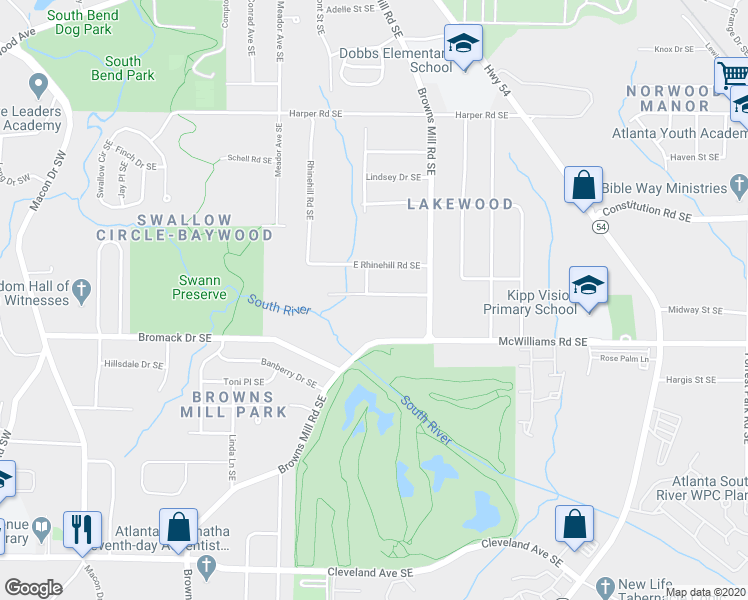 map of restaurants, bars, coffee shops, grocery stores, and more near 393 Sargent Drive Southeast in Atlanta