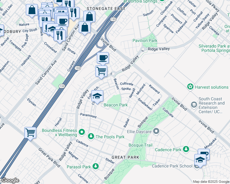 map of restaurants, bars, coffee shops, grocery stores, and more near 157 Fixie in Irvine