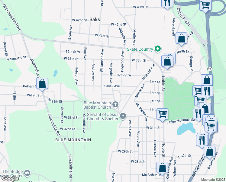 map of restaurants, bars, coffee shops, grocery stores, and more near 7 Ridge Street in Anniston