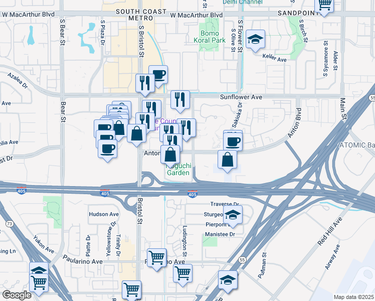 map of restaurants, bars, coffee shops, grocery stores, and more near 600 Anton Boulevard in Costa Mesa