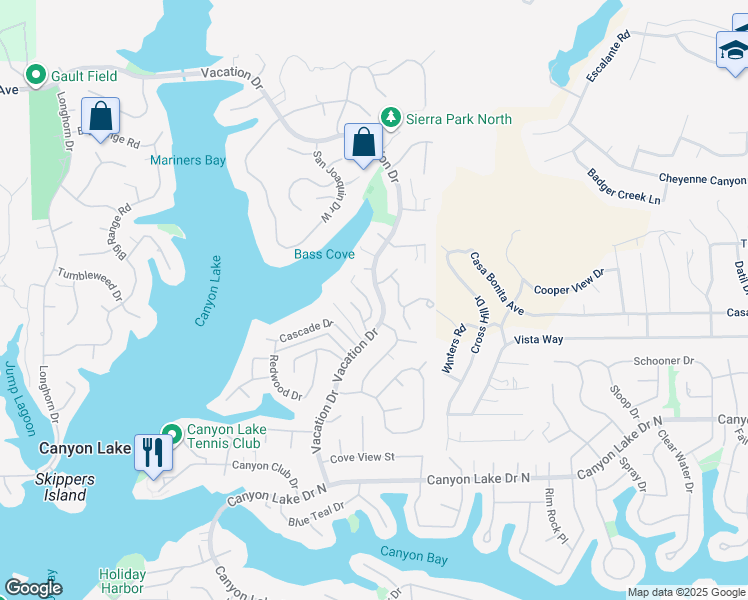 map of restaurants, bars, coffee shops, grocery stores, and more near 29658 Bonanza Place in Canyon Lake