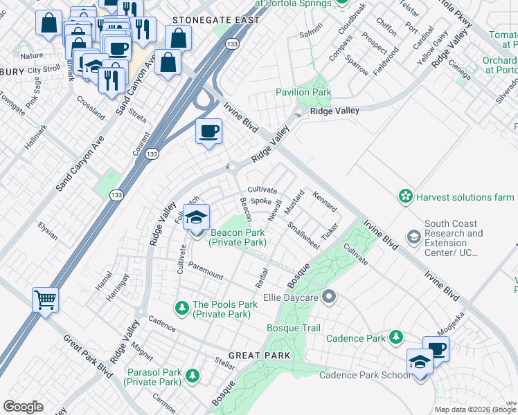 map of restaurants, bars, coffee shops, grocery stores, and more near 134 Smallwheel in Irvine