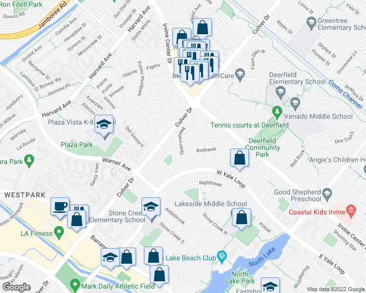 map of restaurants, bars, coffee shops, grocery stores, and more near 6 Redhawk in Irvine