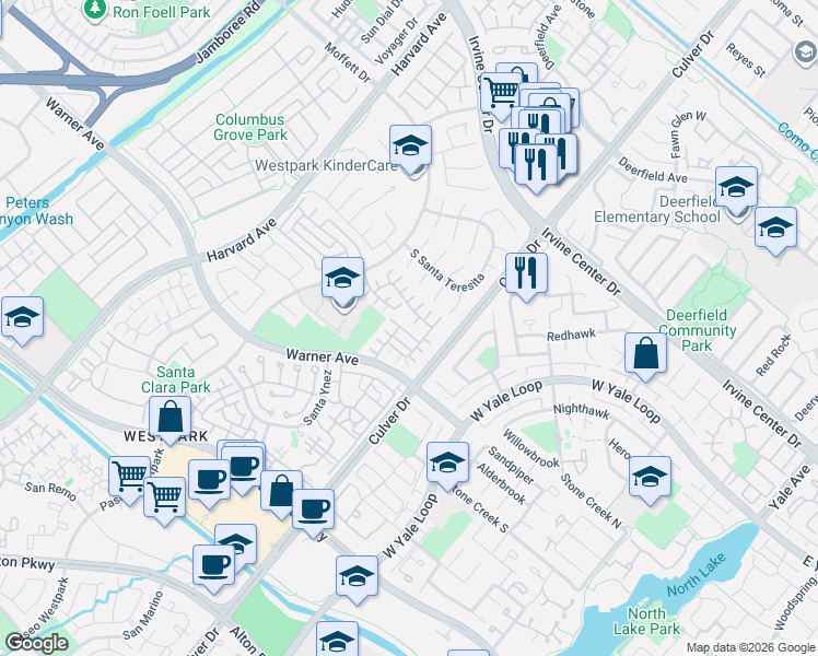 map of restaurants, bars, coffee shops, grocery stores, and more near 14 Del Cambrea in Irvine