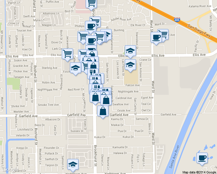 map of restaurants, bars, coffee shops, grocery stores, and more near 18785 Teton Circle in Fountain Valley