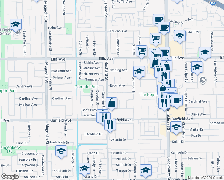 map of restaurants, bars, coffee shops, grocery stores, and more near 9582 Nightingale Avenue in Fountain Valley