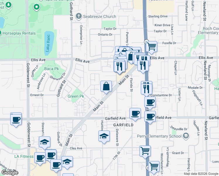 map of restaurants, bars, coffee shops, grocery stores, and more near 18769 Racquet Lane in Huntington Beach