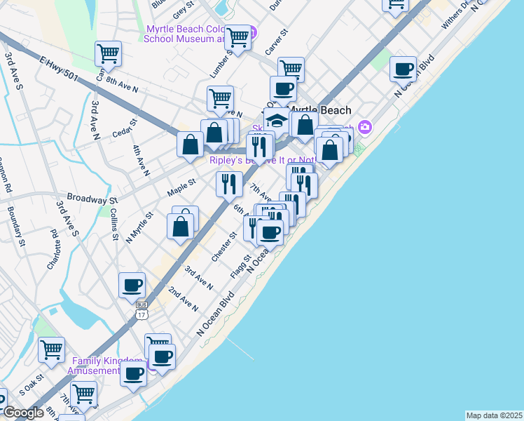 map of restaurants, bars, coffee shops, grocery stores, and more near 600 Chester Street in Myrtle Beach