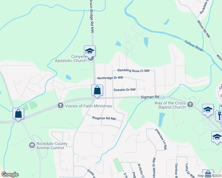 map of restaurants, bars, coffee shops, grocery stores, and more near 1715 Rocky Ridge Drive Northwest in Conyers