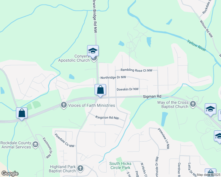 map of restaurants, bars, coffee shops, grocery stores, and more near 1715 Rocky Ridge Drive Northwest in Conyers