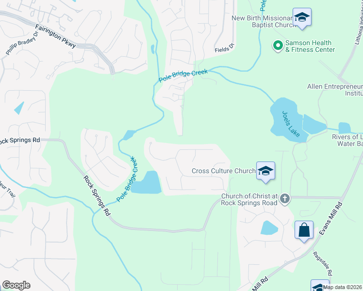 map of restaurants, bars, coffee shops, grocery stores, and more near 5925 Fairington Farms Lane in Stonecrest