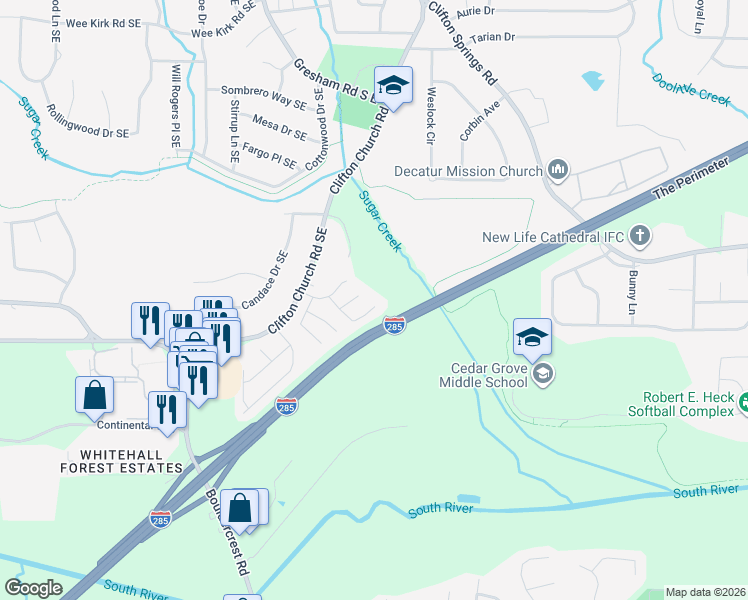map of restaurants, bars, coffee shops, grocery stores, and more near 3284 Sugar Creek Trce in Atlanta