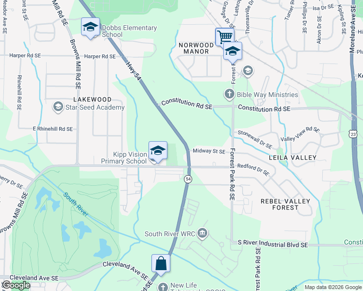 map of restaurants, bars, coffee shops, grocery stores, and more near 2401 Jonesboro Road Southeast in Atlanta