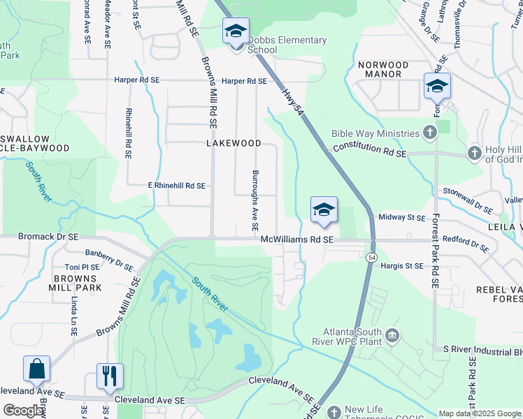 map of restaurants, bars, coffee shops, grocery stores, and more near 2346 Burroughs Avenue Southeast in Atlanta
