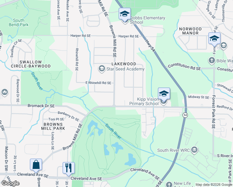 map of restaurants, bars, coffee shops, grocery stores, and more near 2324 Browns Mill Road Southeast in Atlanta