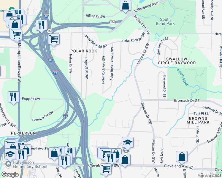 map of restaurants, bars, coffee shops, grocery stores, and more near 158 Polar Rock Drive Southwest in Atlanta