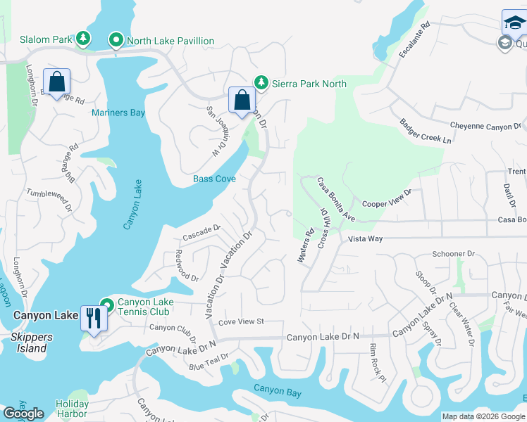 map of restaurants, bars, coffee shops, grocery stores, and more near 29658 Vacation Drive in Canyon Lake