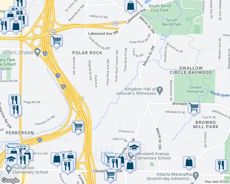 map of restaurants, bars, coffee shops, grocery stores, and more near 158 Polar Rock Drive Southwest in Atlanta