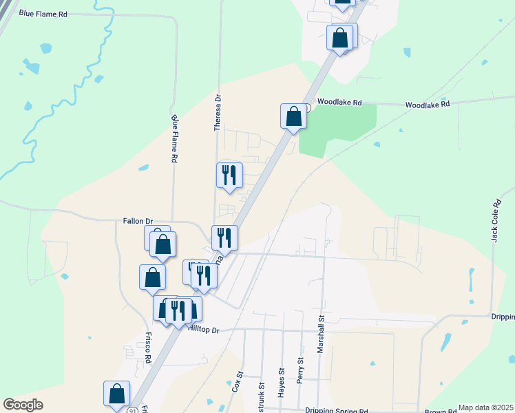 map of restaurants, bars, coffee shops, grocery stores, and more near 5213 Texoma Parkway in Sherman