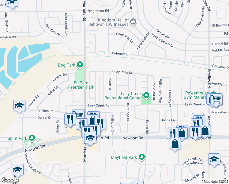 map of restaurants, bars, coffee shops, grocery stores, and more near 29678 Dunkirk Street in Menifee