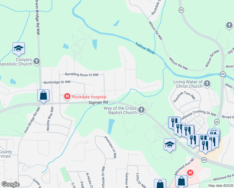 map of restaurants, bars, coffee shops, grocery stores, and more near 1701 Stag Court Northwest in Conyers