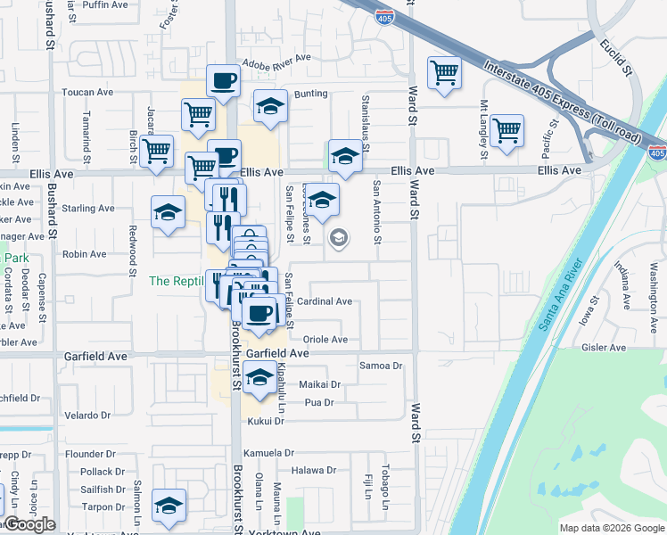 map of restaurants, bars, coffee shops, grocery stores, and more near 10276 Falcon Avenue in Fountain Valley