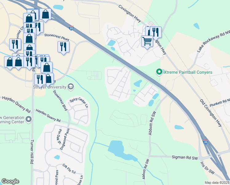 map of restaurants, bars, coffee shops, grocery stores, and more near 7751 Haynes Park Circle in Stonecrest