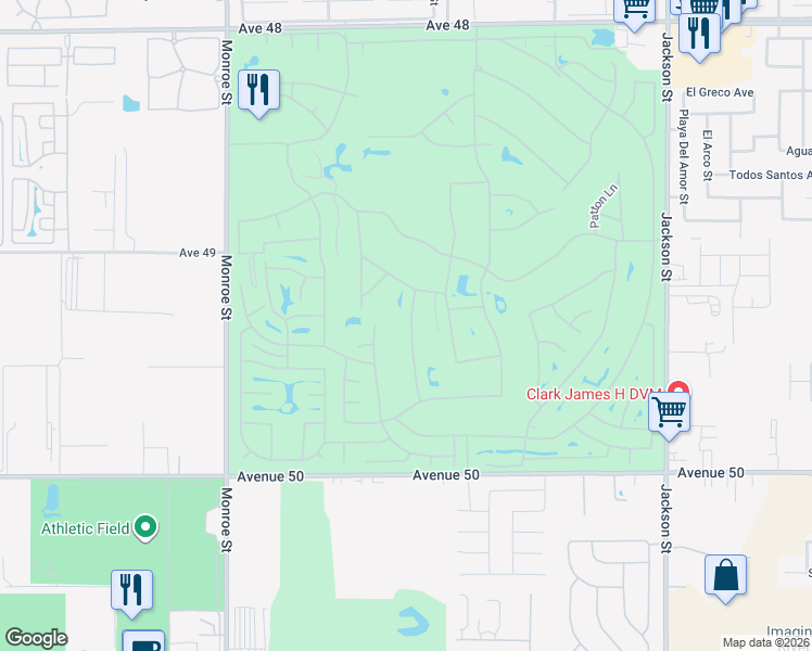 map of restaurants, bars, coffee shops, grocery stores, and more near 49335 Douglas Street in Indio