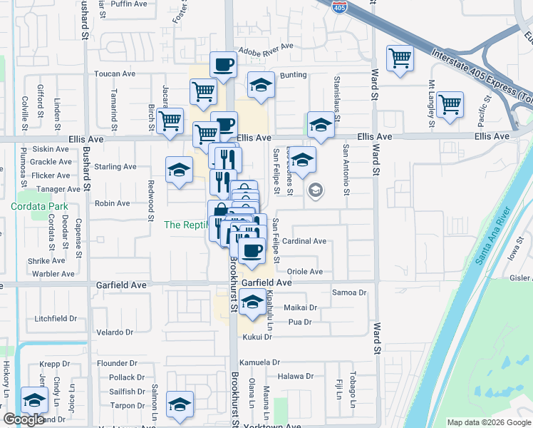 map of restaurants, bars, coffee shops, grocery stores, and more near 18785 Teton Circle in Fountain Valley