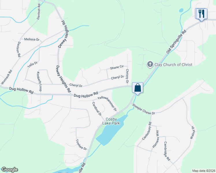 map of restaurants, bars, coffee shops, grocery stores, and more near 5912 Dug Hollow Road in Pinson