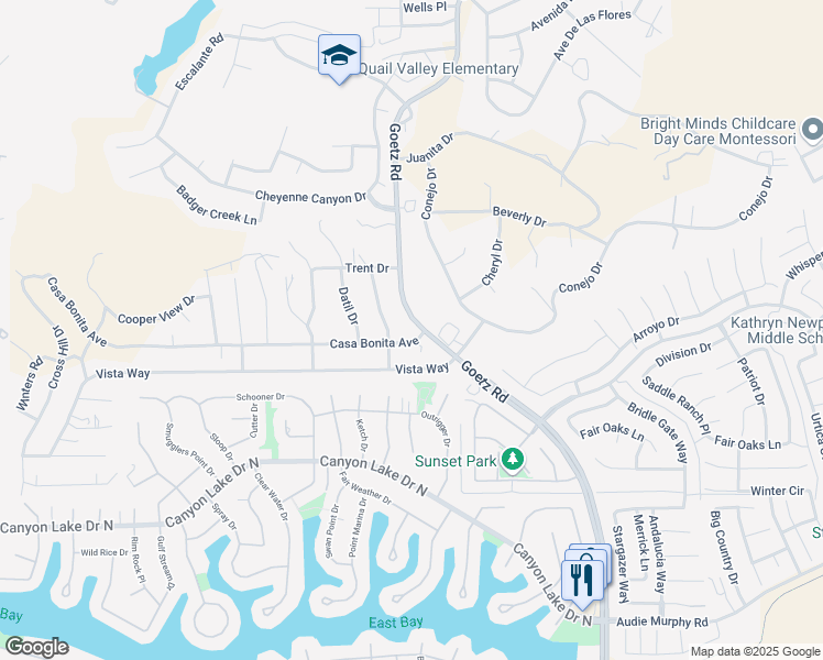 map of restaurants, bars, coffee shops, grocery stores, and more near 29615 Goetz Road in Menifee
