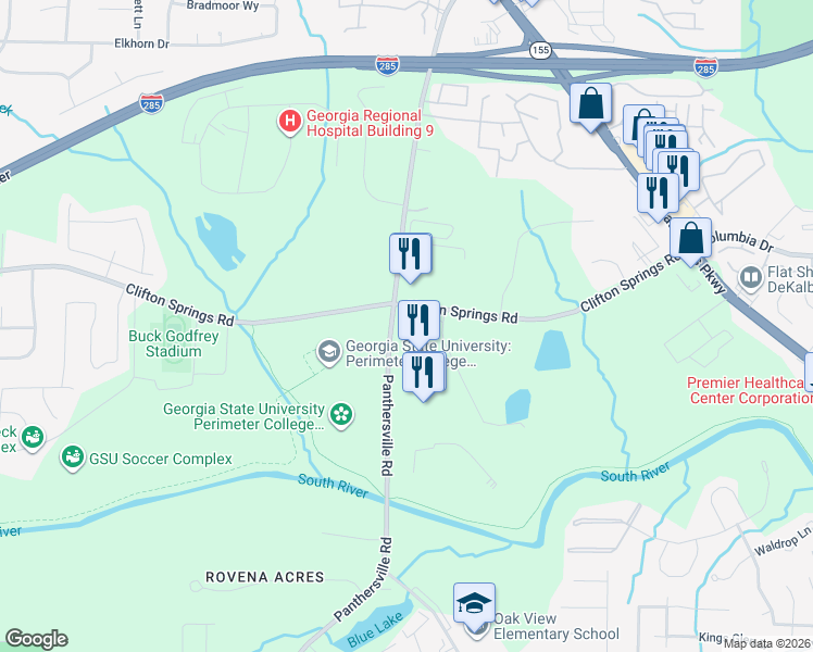 map of restaurants, bars, coffee shops, grocery stores, and more near 3260 Panthersville Road in Decatur